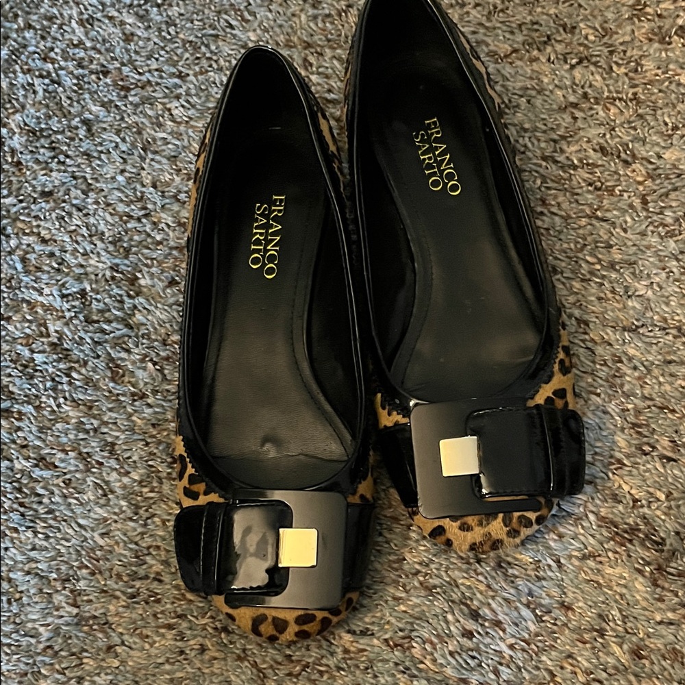 Franco Sarto Animal Print Flats with Glossy Black Buckle